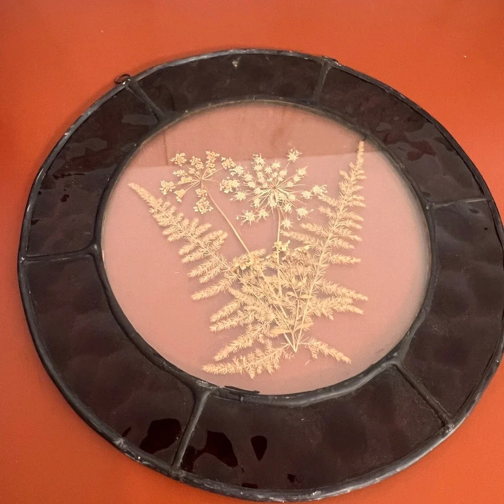 Vintage Pressed Flower Stained Glass Suncatcher Round Burgundy Floral Wall Art